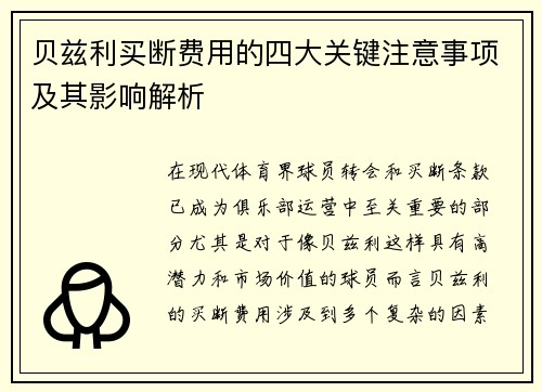 贝兹利买断费用的四大关键注意事项及其影响解析